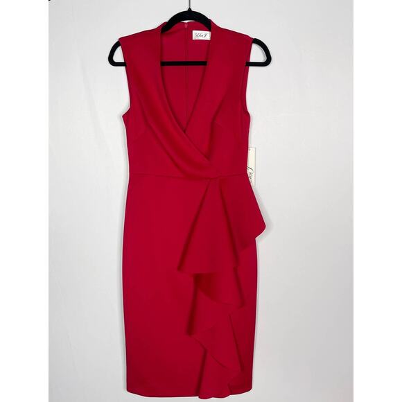 New Eliza J Size 4 Red Ruffle Sleeveless Bodycon Cocktail Dress Surplice V Neck - Picture 1 of 12